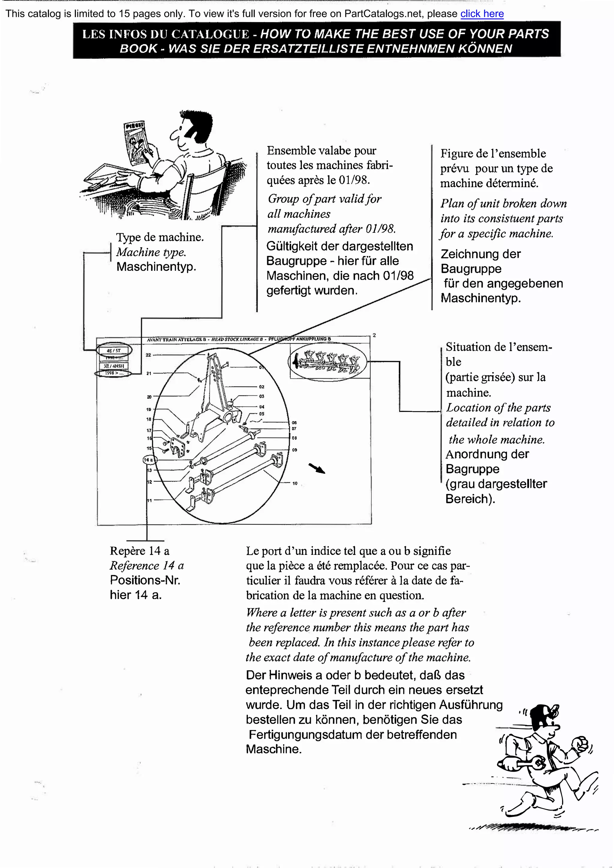 ·------·---------
LES INFOS DU CATALOGUE - HOW ТО МАКЕ ТНЕ BEST USE OF YOUR PARTS
ВООК - WAS SIE DER ERSATZTEILLISTE ENTNEHNMEN KONNEN
Туре de machine.
Machine type.
Maschinentyp.
4Е1SТ
3E14NSfl
t�9S>... 21---/-�
Repere 14 а
Reference 14 а
Positions-Nr.
hier 14 а.
EnsemЫe valabe pour
toutes les machines fabri­
quees apres le 01/98.
Group of part validfor
all machines
manufactured after 01/98.
Gultigkeit dег dargestellten
Baugruppe - hier fur alle
Maschinen, die nach 01/98
gefertigt wurden.
Figure de l'ensemЫe
prevu pour un type de
machine determine.
Plan of unit broken down
into its consistuent parts
for а specific machine.
Zeichnung dег
Baugгuppe
fur den angegebenen
Maschinentyp.
Situation de l'ensem­
Ыe
(partie grisee) sur !а
machine.
.._____,.,
�-- Location ofthe parts
detailed in relation to
..
..
'
the whole machine.
Anordnung dег
Bagruppe
" (grau dargestellter
Bereich).
Le port d'un indice tel que а ou Ь signifie
que !а piece а ete remplacee. Pour се cas par­
ticulier il faudra vous referer а !а date de fa­
brication de !а machine en question.
Where а letter is present such as а or Ь after
the reference number this means thepart has
Ьееп replaced. In this instance please refer to
the exact date of manufacture of the machine.
Dег Hinweis а оdег Ь bedeutet, daP., das
enteprechende Teil durch ein neues ersetzt
wurde. Um das Teil in dег richtigen AusIOhrung , 1
�
bestellen zu konnen, benotigen Sie das
с-",,
Fertigungungsdatum dег betreffenden .rf(�--.,@
Maschine.
��ь
--�- ()��1 //.....___,
._.... :::'
,,,.,..,....; �-.-
This catalog is limited to 15 pages only. To view it's full version for free on PartCatalogs.net, please click here
or find the link in the description
 