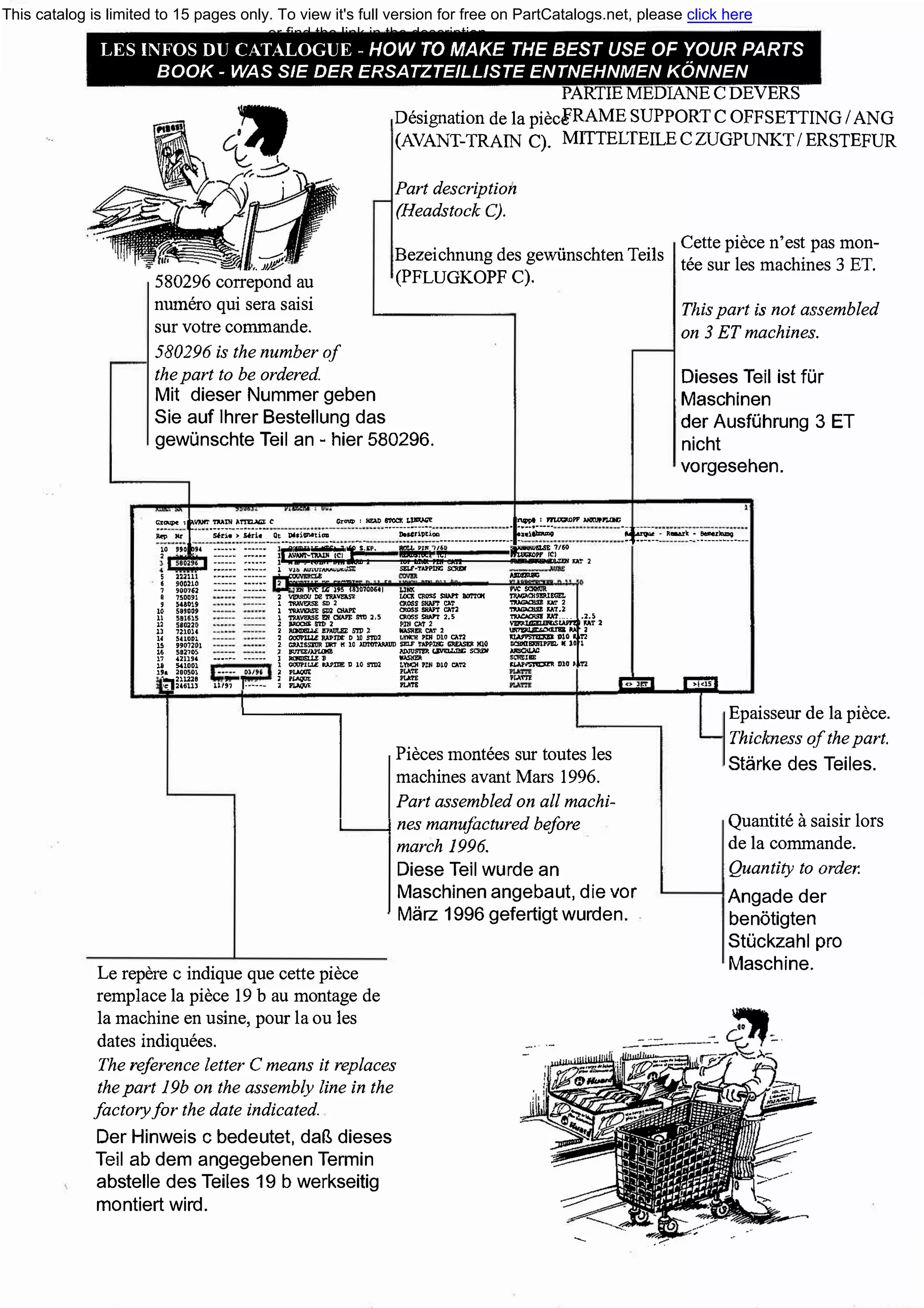 LES INFOS DU CATALOGUE - HOW ТО МАКЕ ТНЕ BEST USE OF YOUR PARTS
ВООК - WAS S/E DER ERSATZTEILLISTE ENTNEHNMEN KONNEN
PARTIEMEDIANE С DEVERS
Designation de !а piecfRAME SUPPORT С OFFSETTING /ANG
(AVANТ-TRAIN С). MПТELTEILECZUGPUNКT/ERSTEFUR
___,-,.·,.1JP'
580296 correpond au
numero qui sera saisi
sur votre commande.
580296 is the number of
the part to Ье ordered.
Mit dieser Nummer geben
Part description
(Headstock С).
Bezeichnung des gewiinschten Teils
(PFLUGKOPF С).
Sie auf lhrer Bestellung das
gewOnschte Teil an - hier 580296.
Cette piece n'est pas mon­
tee sur les machines 3 ЕТ.
This part is not assemЫed
оп 3 ЕТ machines.
Dieses Teil ist fOr
Maschinen
der AusfOhrung 3 ЕТ
nicht
vorgesehen.
::,щ,e
lir,f'№f
•::::::
_
COt
00
D'Ji;1>1tiD110
G>,oup_, .11&
D
��=Dll·········•••••••••·J=�=PJ' �PIOlt;.тчuе.·Jlsark_·_��----
HvE-EEИL2 ?J:1
·,.ci - �;-�
S.EP. F-- 7/6010 "D"94
'
S 2:12111
6 900210
l 900762
8 750091
, 54ао1,
10 589009
Ll 581615
12 580220
13 721011
14 SHODl
15 ,,01201
16 582705
17 421194
18 541001
19& 200501
-�шш
,m а.Т2
SEU'•Tl.tPПIG SCRDI'
D1 РУС U. 195 !83!i"f00641 1.U11.
2 VERR1X1 112 ТU.vas:E LОСК CIIOS$ $IW1' ВО'1'Ю(
1 ТМWRSE SII 2 CP.OSS SIW'I' CJ.T
1 ТRAVERSE 5Р2 QWlt aшss SRAFТ С1,Т2
1 тцWRSE III ai,.pi;: S'ltl 2,5 QOSS $IIArr 2.5
2 PQCНt S'ltl 2 Pnl СМ 2
2 11-.ы: PAULEE SТ11 2 WASll!R CA'r 2
2 oooru.u: Ul':QIE
D
10 SТР:2 LYJl:II PDI 1)10 САТ2
2 GRAISS!UR Иt'1' К 10 №Тt:11'.>dWЛI SEU' 'l'U>PI!lt GJW.SD IJl.0
2 Jll7lEl1/»LOК8 №,J/Яt!J иwи.ш; SCIDI
------ ------ 1 RCIIDП.1.!; 11 IU.Sll!R
••••• 03/Ji
ш;, 1------
1 OOIЛ'ILLE RАпИ: D 10 !ml2 LYIOI P:tli D10 СА'1"2
� PUQOt PV.'I'!
2 р� Pt.k'I'!
;i Pt.l,QIД -ТЕ
'"��U.'I' 2
-"'�""""'==�D.'I' 2
�мт.2
�!:1·'·'и"
_,� D10 Т2
�РРВl.111 1
-,-Jt.l.l'�D10 Т2
·�=
Pieces montees sur toutes les
machines avant Mars 1996.
Part assemЫed оп all machi-
, 1 nes manufactured before
Le repere с indique que cette piece
remplace !а piece 19 Ь au montage de
!а machine en usine, pour la ou les
dates indiquees.
The reference letter С means it replaces
thepart 19Ь оп the assemЬly line in the
factoryfor the date indicated.
Der Hinweis с bedeutet, daf1 dieses
Teil аЬ dem angegebenen Termin
abstelle des Teiles 19 Ь werkseitig
montiert wird.
march 1996.
Diese Teil wurde an
Maschinen angebaut, die vor
Marz 1996 gefertigt wurden.
-
Epaisseur de !а piece.
Thickness ofthe part.
Starke des Teiles.
Quantite а saisir lors
de !а commande.
Quantity to order.
Angade der
benotigten
St0ckzahl pro
Maschine.
This catalog is limited to 15 pages only. To view it's full version for free on PartCatalogs.net, please click here
or find the link in the description
 
