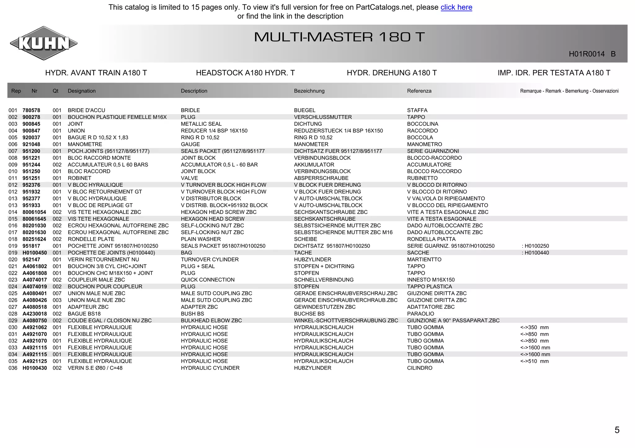 5
MULTI-MASTER 180 T
HYDR. AVANT TRAIN A180 T HEADSTOCK A180 HYDR. T HYDR. DREHUNG A180 T IMP. IDR. PER TESTATA A180 T
H01R0014 B
Rep Nr Qt Designation Description Bezeichnung Referenza Remarque - Remark - Bemerkung - Osservazioni
001 780578 001 BRIDE D'ACCU BRIDLE BUEGEL STAFFA
002 900278 001 BOUCHON PLASTIQUE FEMELLE M16X PLUG VERSCHLUSSMUTTER TAPPO
003 900845 001 JOINT METALLIC SEAL DICHTUNG BOCCOLINA
004 900847 001 UNION REDUCER 1/4 BSP 16X150 REDUZIERSTUECK 1/4 BSP 16X150 RACCORDO
005 920037 001 BAGUE R D 10,52 X 1,83 RING R D 10,52 RING R D 10,52 BOCCOLA
006 921048 001 MANOMETRE GAUGE MANOMETER MANOMETRO
007 951200 001 POCH.JOINTS (951127/8/951177) SEALS PACKET (951127/8/951177 DICHTSATZ FUER 951127/8/951177 SERIE GUARNIZIONI
008 951221 001 BLOC RACCORD MONTE JOINT BLOCK VERBINDUNGSBLOCK BLOCCO-RACCORDO
009 951244 002 ACCUMULATEUR 0,5 L 60 BARS ACCUMULATOR 0,5 L - 60 BAR AKKUMULATOR ACCUMULATORE
010 951250 001 BLOC RACCORD JOINT BLOCK VERBINDUNGSBLOCK BLOCCO RACCORDO
011 951251 001 ROBINET VALVE ABSPERRSCHRAUBE RUBINETTO
012 952376 001 V BLOC HYRAULIQUE V TURNOVER BLOCK HIGH FLOW V BLOCK FUER DREHUNG V BLOCCO DI RITORNO
012 951932 001 V BLOC RETOURNEMENT GT V TURNOVER BLOCK HIGH FLOW V BLOCK FUER DREHUNG V BLOCCO DI RITORNO
013 952377 001 V BLOC HYDRAULIQUE V DISTRIBUTOR BLOCK V AUTO-UMSCHALTBLOCK V VALVOLA DI RIPIEGAMENTO
013 951933 001 V BLOC DE REPLIAGE GT V DISTRIB. BLOCK+951932 BLOCK V AUTO-UMSCHALTBLOCK V BLOCCO DEL RIPIEGAMENTO
014 80061054 002 VIS TETE HEXAGONALE ZBC HEXAGON HEAD SCREW ZBC SECHSKANTSCHRAUBE ZBC VITE A TESTA ESAGONALE ZBC
015 80061645 002 VIS TETE HEXAGONALE HEXAGON HEAD SCREW SECHSKANTSCHRAUBE VITE A TESTA ESAGONALE
016 80201030 002 ECROU HEXAGONAL AUTOFREINE ZBC SELF-LOCKING NUT ZBC SELBSTSICHERNDE MUTTER ZBC DADO AUTOBLOCCANTE ZBC
017 80201630 002 ECROU HEXAGONAL AUTOFREINE ZBC SELF-LOCKING NUT ZBC SELBSTSICHERNDE MUTTER ZBC M16 DADO AUTOBLOCCANTE ZBC
018 80251624 002 RONDELLE PLATE PLAIN WASHER SCHEIBE RONDELLA PIATTA
019 951817 001 POCHETTE JOINT 951807/H0100250 SEALS PACKET 951807/H0100250 DICHTSATZ 951807/H0100250 SERIE GUARNIZ. 951807/H0100250 : H0100250
019 H0100450 001 POCHETTE DE JOINTS (H0100440) BAG TACHE SACCHE : H0100440
020 952147 001 VERIN RETOURNEMENT NU TURNOVER CYLINDER HUBZYLINDER MARTIENTTO
021 A4061802 001 BOUCHON 3/8 CYL CHC+JOINT PLUG + SEAL STOPFEN + DICHTRING TAPPO
022 A4061808 001 BOUCHON CHC M18X150 + JOINT PLUG STOPFEN TAPPO
023 A4074017 002 COUPLEUR MALE ZBC QUICK CONNECTION SCHNELLVERBINDUNG INNESTO M16X150
024 A4074019 002 BOUCHON POUR COUPLEUR PLUG STOPFEN TAPPO PLASTICA
025 A4080401 007 UNION MALE NUE ZBC MALE SUTD COUPLING ZBC GERADE EINSCHRAUBVERSCHRAU.ZBC GIUZIONE DIRITTA ZBC
026 A4080426 003 UNION MALE NUE ZBC MALE SUTD COUPLING ZBC GERADE EINSCHRAUBVERCHRAUB.ZBC GIUZIONE DIRITTA ZBC
027 A4080518 001 ADAPTEUR ZBC ADAPTER ZBC GEWINDESTUTZEN ZBC ADATTATORE ZBC
028 A4230018 002 BAGUE BS18 BUSH BS BUCHSE BS PARAOLIO
029 A4080750 002 COUDE EGAL / CLOISON NU ZBC BULKHEAD ELBOW ZBC WINKEL-SCHOTTVERSCHRAUBUNG ZBC GIUNZIONE A 90° PASSAPARAT.ZBC
030 A4921062 001 FLEXIBLE HYDRAULIQUE HYDRAULIC HOSE HYDRAULIKSCHLAUCH TUBO GOMMA <->350 mm
031 A4921070 001 FLEXIBLE HYDRAULIQUE HYDRAULIC HOSE HYDRAULIKSCHLAUCH TUBO GOMMA <->850 mm
032 A4921070 001 FLEXIBLE HYDRAULIQUE HYDRAULIC HOSE HYDRAULIKSCHLAUCH TUBO GOMMA <->850 mm
033 A4921115 001 FLEXIBLE HYDRAULIQUE HYDRAULIC HOSE HYDRAULIKSCHLAUCH TUBO GOMMA <->1600 mm
034 A4921115 001 FLEXIBLE HYDRAULIQUE HYDRAULIC HOSE HYDRAULIKSCHLAUCH TUBO GOMMA <->1600 mm
035 A4921125 001 FLEXIBLE HYDRAULIQUE HYDRAULIC HOSE HYDRAULIKSCHLAUCH TUBO GOMMA <->510 mm
036 H0100430 002 VERIN S.E Ø80 / C=48 HYDRAULIC CYLINDER HUBZYLINDER CILINDRO
This catalog is limited to 15 pages only. To view it's full version for free on PartCatalogs.net, please click here
or find the link in the description
 
