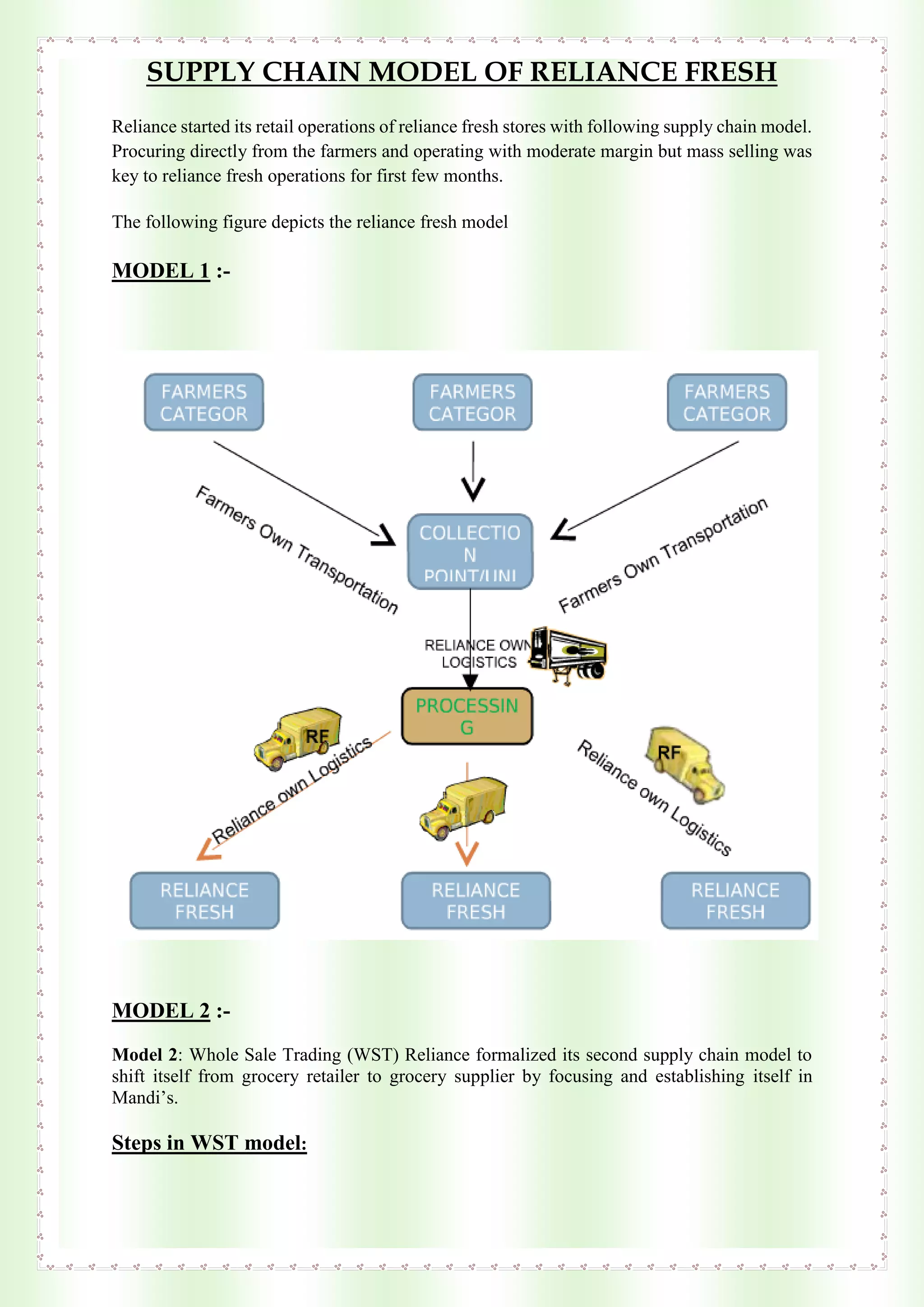 SUPPLY CHAIN MODEL OF RELIANCE FRESH
Reliance started its retail operations of reliance fresh stores with following supply chain model.
Procuring directly from the farmers and operating with moderate margin but mass selling was
key to reliance fresh operations for first few months.
The following figure depicts the reliance fresh model
MODEL 1 :-
MODEL 2 :-
Model 2: Whole Sale Trading (WST) Reliance formalized its second supply chain model to
shift itself from grocery retailer to grocery supplier by focusing and establishing itself in
Mandi’s.
Steps in WST model:
 
