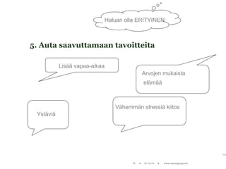 Haluan olla ERITYINEN



5. Auta saavuttamaan tavoitteita

           Lisää vapaa-aikaa
                                            Arvojen mukaista
                                            elämää



                                  Vähemmän stressiä kiitos
 Ystäviä
 