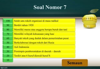 Soal Nomor 7

100   Salah satu tokoh organisasi di masa radikal
90    Berdiri tahun 1920
80    Memiliki massa atau anggota berupa buruh dan tani
70    Memiliki wilayah kekuasaan yang luas
60    Banyak tokoh yang duduk dalam pemerintahan pusat
50    Berkolaborasi dengan tokoh dari Rusia
40    Asli Indonesia
30    Pemimpin pemberontakan di daerah – daerah
20    Terdiri atas 6 huruf diawali huruf S
10
 