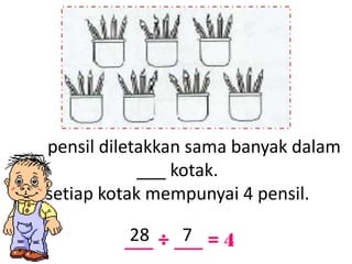 ___ pensil diletakkan sama banyak dalam
                ___ kotak.
    setiap kotak mempunyai 4 pensil.

              28    7
             ___ ÷ ___ = 4
 