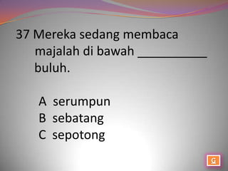 37 Mereka sedang membaca
   majalah di bawah __________
   buluh.

   A serumpun
   B sebatang
   C sepotong
 