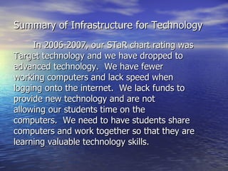 Summary of Infrastructure for Technology In 2006-2007, our STaR chart rating was Target technology and we have dropped to advanced technology.  We have fewer working computers and lack speed when  logging onto the internet.  We lack funds to provide new technology and are not allowing our students time on the computers.  We need to have students share computers and work together so that they are learning valuable technology skills. 