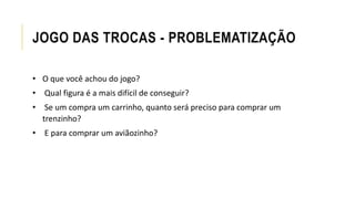 • O que você achou do jogo?
• Qual figura é a mais difícil de conseguir?
• Se um compra um carrinho, quanto será preciso para comprar um
trenzinho?
• E para comprar um aviãozinho?
JOGO DAS TROCAS - PROBLEMATIZAÇÃO
 