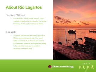 About Río Lagartos
Fishing Village
   –    Río Lagartos is a small fishing village of 3,000
        residents located on the north coast of the Yucatan
        Peninsula, 21/2 hours from Cancún or Merida.




Security
   –    Yucatan is the State with the lowest crime rate in
        Mexico, comparable only to that of the world's
        safest countries such as Denmark and Iceland.
        Río Lagartos is known for its tranquility and safety
        to the extent that locals do not consider it
        necessary to lock their doors.
 