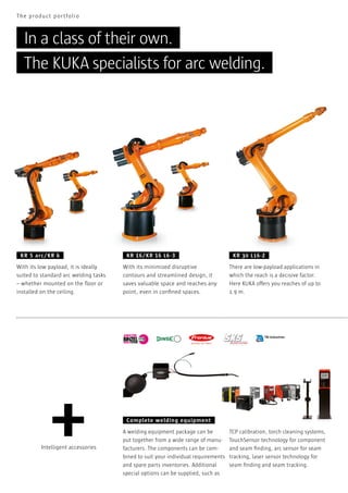 The product por tfoli o

In a class of their own.
The KUKA specialists for arc welding.

KR 5 arc/KR 6
With its low payload, it is ideally
suited to standard arc welding tasks
– whether mounted on the ﬂoor or
installed on the ceiling.

+

Intelligent accessories

KR 16/KR 16 L6 - 3
With its minimized disruptive
contours and streamlined design, it
saves valuable space and reaches any
point, even in conﬁned spaces.

KR 30 L16-2
There are low-payload applications in
which the reach is a decisive factor.
Here KUKA offers you reaches of up to
1.9 m.

Complete welding equipment
A welding equipment package can be
put together from a wide range of manufacturers. The components can be combined to suit your individual requirements
and spare parts inventories. Additional
special options can be supplied, such as

TCP calibration, torch cleaning systems,
TouchSensor technology for component
and seam ﬁnding, arc sensor for seam
tracking, laser sensor technology for
seam ﬁnding and seam tracking.

 