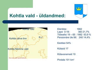 Kohtla vald - üldandmed: Kohtla-Järve linn Kohtla-Nõmme vald K-J Kohtla vald Elanikke:   1662 Lapsi  0-18:    360 21,7% Tööealisi 19 – 65 : 1062  63,9 % Pensionäre üle 66:  240 14,4% Eestlasi 54% Külasid 17 Külavanemaid 10  Pindala 101 km 2 