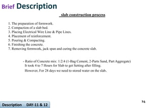 Brief Description
14
Description DAY-11 & 12
slab construction process
1. The preparation of formwork.
2. Compaction of a slab bed.
3. Placing Electrical Wire Line & Pipe Lines.
4. Placement of reinforcement.
5. Pouring & Compacting.
6. Finishing the concrete.
7. Removing formwork, jack span and curing the concrete slab.
- Ratio of Concrete mix: 1:2:4 (1-Bag Cement, 2-Parts Sand, Part Aggregate)
It took 4 to 7 Hours for Slab to get Setting after filling.
However, For 28 days we need to stored water on the slab.
 