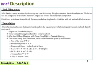 Brief Description
*Backfilling work:
After footing casting, remove the shuttering and cure the footing. The pits excavated for the foundation are filled with
soil and compacted by a suitable method. Compact the soil till it achieves 95% compaction
Plinth level is the floor finished level. The structure below the plinth level is filled with soil and called Sub-structure
*Foundation:
• Part of a structural system that supports and anchors the superstructure of a building and transmits its loads directly
to the earth.
1. Prepare the Foundation Layout.
2. Then, we need to dig ground until we come to subsoil.
3. After that fill Based Footing with; Stone, Small Bricks Pieces & Cement.
4. This we are using Box-Foundation, there for its dimension given by architect are:
» Area of the hole: 5’ X 6’
» Steel netting work: 4’ X 5’
» Distance of 10mm 1 rod to 2 rod is 10cm
» R.C.C=3’6” X 3’6” (L x B) & D= 3’8” (Depth)
» P.C.C= 4’6” X 4’6” (L x B)
» Column Size: 9” X 9”
» Steel: 8 Nos of 12mm.
8
Description DAY-5 & 6
 