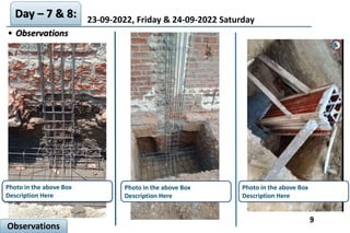 23-09-2022, Friday & 24-09-2022 Saturday
Day – 7 & 8:
• Observations
9
Photo in the above Box
Description Here
Photo in the above Box
Description Here
Photo in the above Box
Description Here
Observations
 