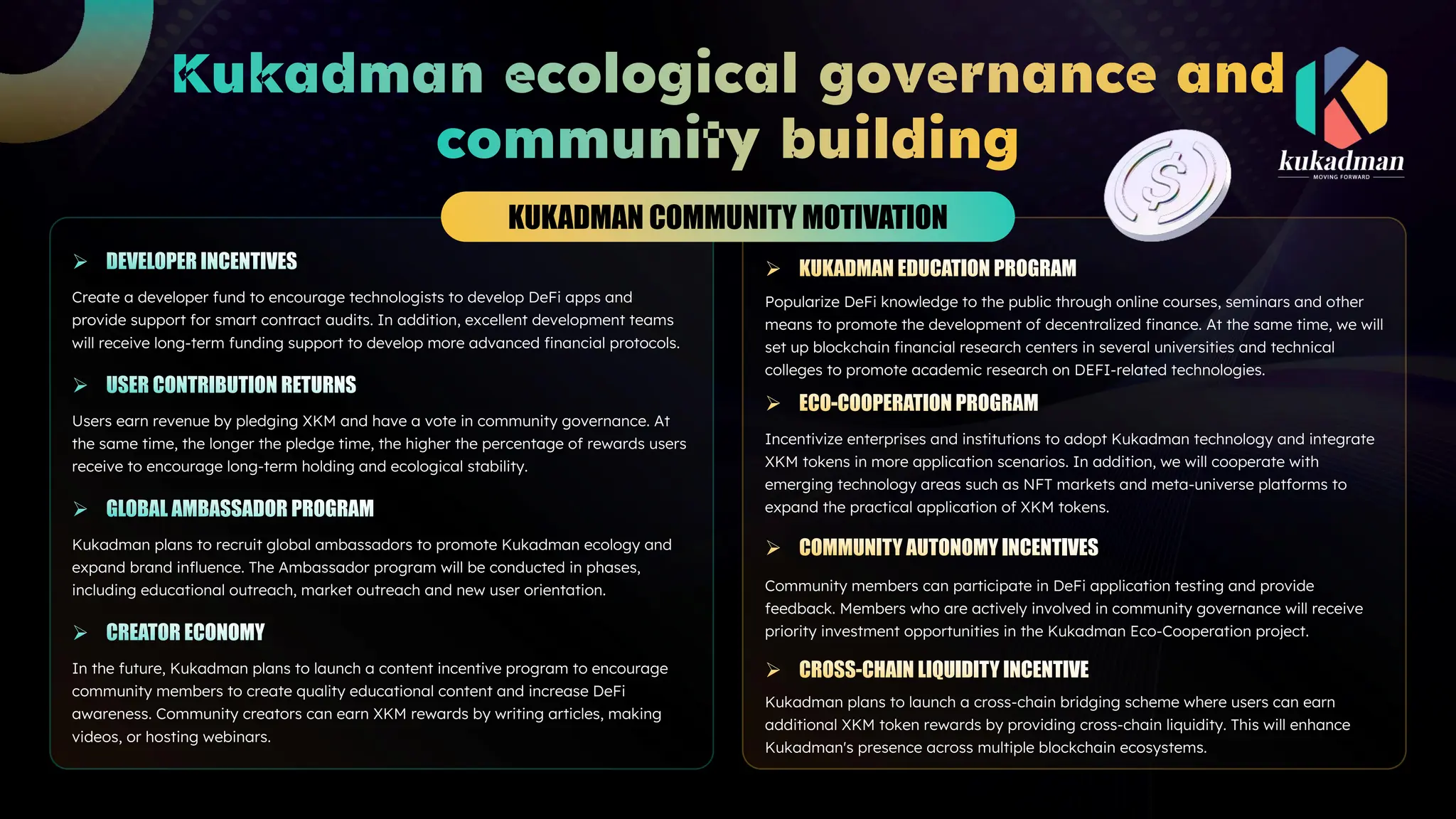 KUKADMAN COMMUNITY MOTIVATION
Create a developer fund to encourage technologists to develop DeFi apps and
provide support for smart contract audits. In addition, excellent development teams
will receive long-term funding support to develop more advanced financial protocols.
Users earn revenue by pledging XKM and have a vote in community governance. At
the same time, the longer the pledge time, the higher the percentage of rewards users
receive to encourage long-term holding and ecological stability.
Kukadman plans to recruit global ambassadors to promote Kukadman ecology and
expand brand influence. The Ambassador program will be conducted in phases,
including educational outreach, market outreach and new user orientation.
In the future, Kukadman plans to launch a content incentive program to encourage
community members to create quality educational content and increase DeFi
awareness. Community creators can earn XKM rewards by writing articles, making
videos, or hosting webinars.
Popularize DeFi knowledge to the public through online courses, seminars and other
means to promote the development of decentralized finance. At the same time, we will
set up blockchain financial research centers in several universities and technical
colleges to promote academic research on DEFI-related technologies.
Incentivize enterprises and institutions to adopt Kukadman technology and integrate
XKM tokens in more application scenarios. In addition, we will cooperate with
emerging technology areas such as NFT markets and meta-universe platforms to
expand the practical application of XKM tokens.
Kukadman plans to launch a cross-chain bridging scheme where users can earn
additional XKM token rewards by providing cross-chain liquidity. This will enhance
Kukadman's presence across multiple blockchain ecosystems.
Community members can participate in DeFi application testing and provide
feedback. Members who are actively involved in community governance will receive
priority investment opportunities in the Kukadman Eco-Cooperation project.
 