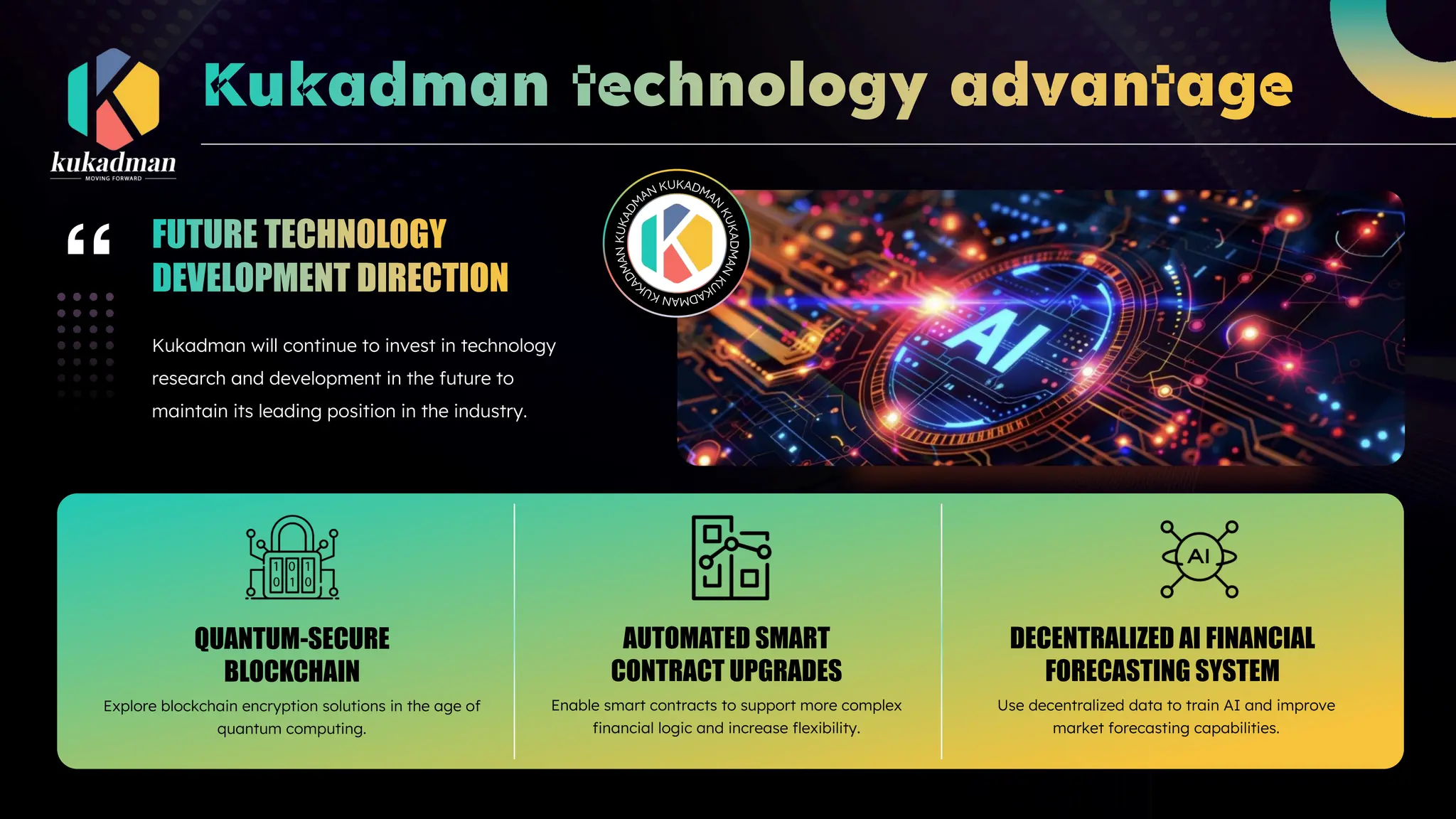 Kukadman will continue to invest in technology
research and development in the future to
maintain its leading position in the industry.
Explore blockchain encryption solutions in the age of
quantum computing.
QUANTUM-SECURE
BLOCKCHAIN
Enable smart contracts to support more complex
financial logic and increase flexibility.
AUTOMATED SMART
CONTRACT UPGRADES
Use decentralized data to train AI and improve
market forecasting capabilities.
DECENTRALIZED AI FINANCIAL
FORECASTING SYSTEM
 