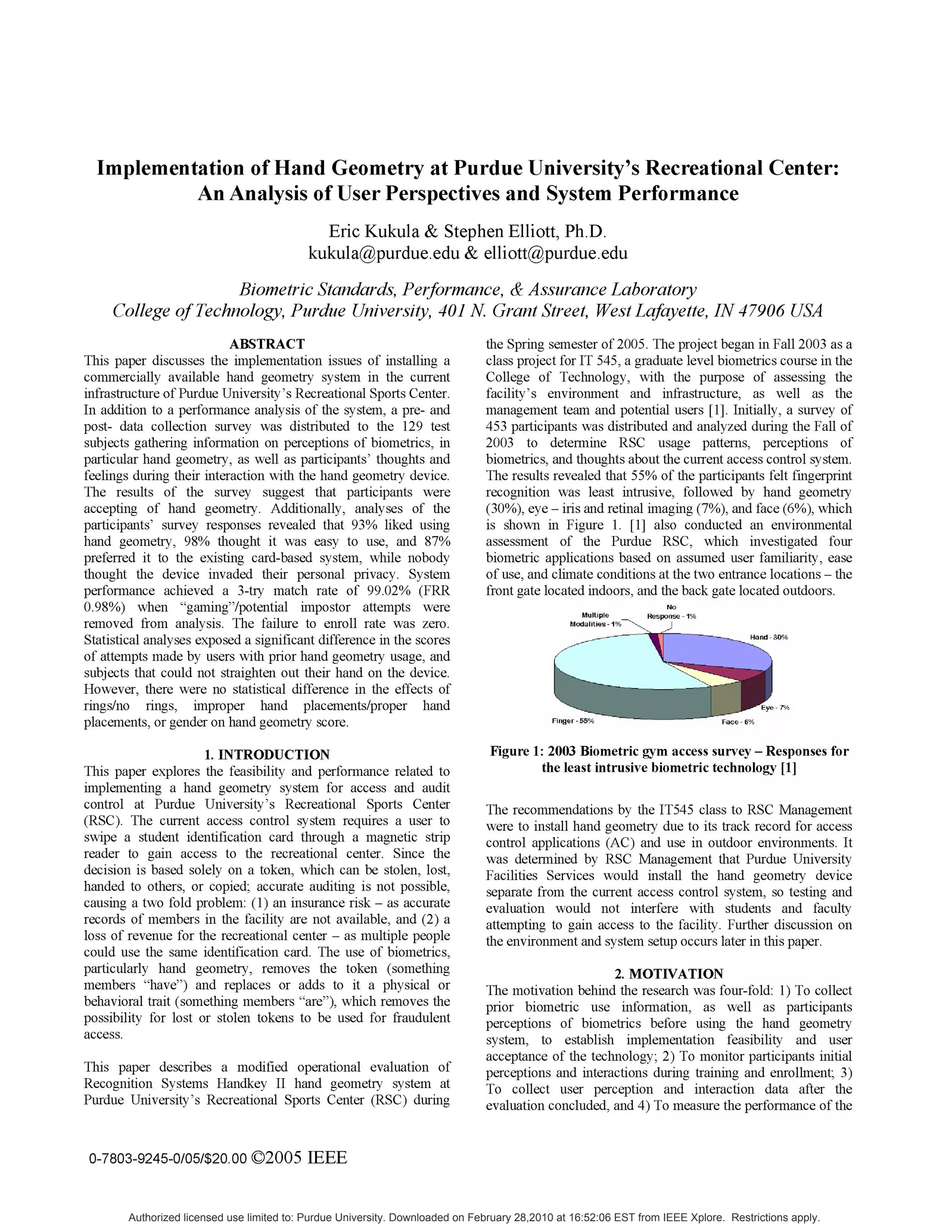 Implementation of Hand Geometry at Purdue University's Recreational Center:
An Analysis of User Perspectives and System Performance
Eric Kukula & Stephen Elliott, Ph.D.
kukula@purdue.edu & elliott@purdue.edu
Biometric Standards, Performance, & Assurance Laboratory
College ofTechnology, Purdue University, 401 N. Grant Street, West Lafayette, IN 47906 USA
ABSTRACT
This paper discusses the implementation issues of installing a
commercially available hand geometry system in the current
infrastructure of Purdue University's Recreational Sports Center.
In addition to a performance analysis of the system, a pre- and
post- data collection survey was distributed to the 129 test
subjects gathering information on perceptions of biometrics, in
particular hand geometry, as well as participants' thoughts and
feelings during their interaction with the hand geometry device.
The results of the survey suggest that participants were
accepting of hand geometry. Additionally, analyses of the
participants' survey responses revealed that 93% liked using
hand geometry, 98% thought it was easy to use, and 87%
preferred it to the existing card-based system, while nobody
thought the device invaded their personal privacy. System
performance achieved a 3-try match rate of 99.02% (FRR
0.98%) when "gaming"/potential impostor attempts were
removed from analysis. The failure to enroll rate was zero.
Statistical analyses exposed a significant difference in the scores
of attempts made by users with prior hand geometry usage, and
subjects that could not straighten out their hand on the device.
However, there were no statistical difference in the effects of
rings/no rings, improper hand placements/proper hand
placements, or gender on hand geometry score.
1. INTRODUCTION
This paper explores the feasibility and performance related to
implementing a hand geometry system for access and audit
control at Purdue University's Recreational Sports Center
(RSC). The current access control system requires a user to
swipe a student identification card through a magnetic strip
reader to gain access to the recreational center. Since the
decision is based solely on a token, which can be stolen, lost,
handed to others, or copied; accurate auditing is not possible,
causing a two fold problem: (1) an insurance risk - as accurate
records of members in the facility are not available, and (2) a
loss of revenue for the recreational center - as multiple people
could use the same identification card. The use of biometrics,
particularly hand geometry, removes the token (something
members "have") and replaces or adds to it a physical or
behavioral trait (something members "are"), which removes the
possibility for lost or stolen tokens to be used for fraudulent
access.
This paper describes a modified operational evaluation of
Recognition Systems Handkey II hand geometry system at
Purdue University's Recreational Sports Center (RSC) during
the Spring semester of 2005. The project began in Fall 2003 as a
class project for IT 545, a graduate level biometrics course in the
College of Technology, with the purpose of assessing the
facility's environment and infrastructure, as well as the
management team and potential users [1]. Initially, a survey of
453 participants was distributed and analyzed during the Fall of
2003 to determine RSC usage patterns, perceptions of
biometrics, and thoughts about the current access control system.
The results revealed that 55% of the participants felt fingerprint
recognition was least intrusive, followed by hand geometry
(30%), eye - iris and retinal imaging (7%), and face (6%), which
is shown in Figure 1. [1] also conducted an environmental
assessment of the Purdue RSC, which investigated four
biometric applications based on assumed user familiarity, ease
of use, and climate conditions at the two entrance locations - the
front gate located indoors, and the back gate located outdoors.
No
Multiple Response - 1%
Moda ities - 1% I
Hand -30%
7TA.
Figure 1: 2003 Biometric gym access survey - Responses for
the least intrusive biometric technology [1]
The recommendations by the IT545 class to RSC Management
were to install hand geometry due to its track record for access
control applications (AC) and use in outdoor environments. It
was determined by RSC Management that Purdue University
Facilities Services would install the hand geometry device
separate from the current access control system, so testing and
evaluation would not interfere with students and faculty
attempting to gain access to the facility. Further discussion on
the environment and system setup occurs later in this paper.
2. MOTIVATION
The motivation behind the research was four-fold: 1) To collect
prior biometric use information, as well as participants
perceptions of biometrics before using the hand geometry
system, to establish implementation feasibility and user
acceptance of the technology; 2) To monitor participants initial
perceptions and interactions during training and enrollment; 3)
To collect user perception and interaction data after the
evaluation concluded, and 4) To measure the performance of the
0-7803-9245-O/05/$20.00 C2005 IEEE
Authorized licensed use limited to: Purdue University. Downloaded on February 28,2010 at 16:52:06 EST from IEEE Xplore. Restrictions apply.
 