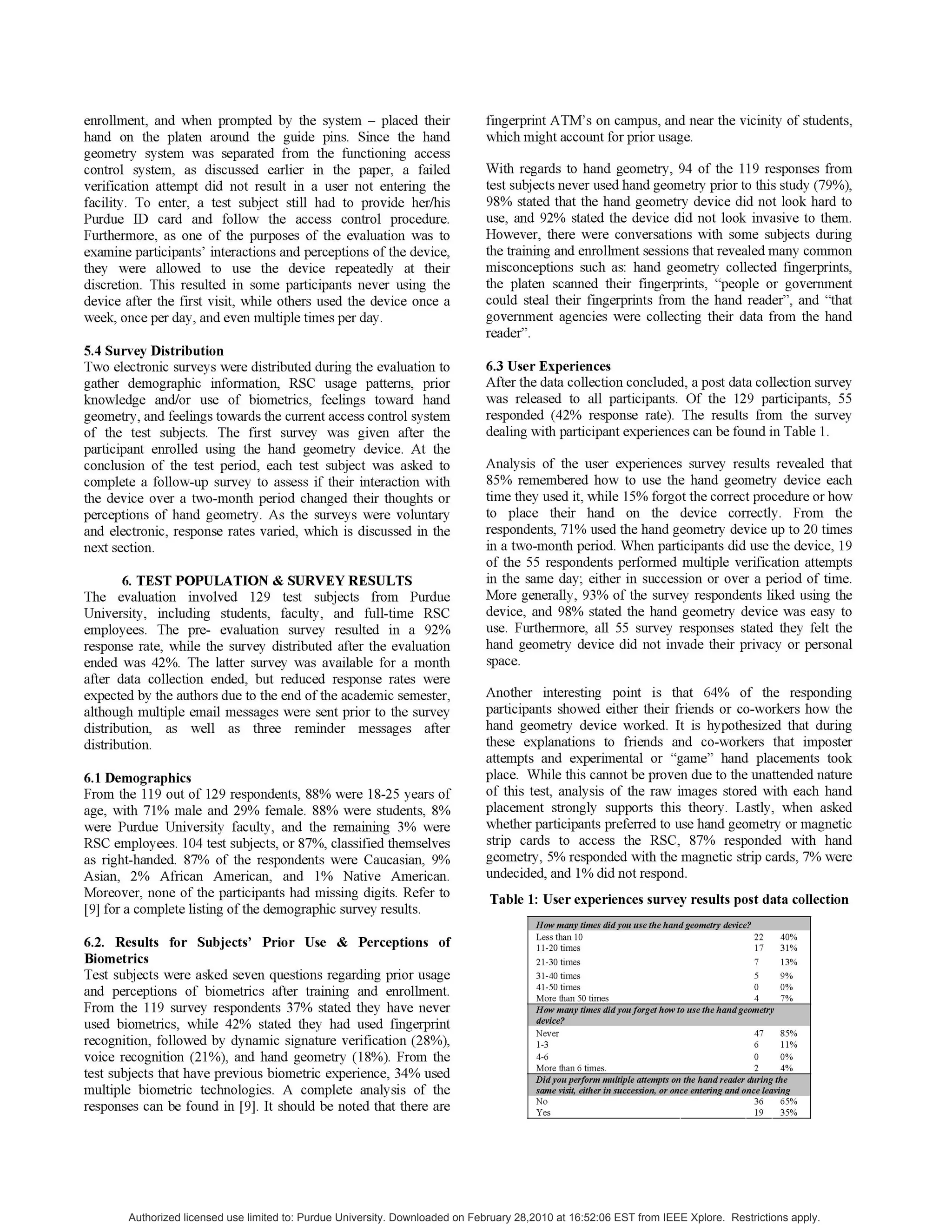 enrollment, and when prompted by the system - placed their
hand on the platen around the guide pins. Since the hand
geometry system was separated from the functioning access
control system, as discussed earlier in the paper, a failed
verification attempt did not result in a user not entering the
facility. To enter, a test subject still had to provide her/his
Purdue ID card and follow the access control procedure.
Furthermore, as one of the purposes of the evaluation was to
examine participants' interactions and perceptions of the device,
they were allowed to use the device repeatedly at their
discretion. This resulted in some participants never using the
device after the first visit, while others used the device once a
week, once per day, and even multiple times per day.
5.4 Survey Distribution
Two electronic surveys were distributed during the evaluation to
gather demographic information, RSC usage patterns, prior
knowledge and/or use of biometrics, feelings toward hand
geometry, and feelings towards the current access control system
of the test subjects. The first survey was given after the
participant enrolled using the hand geometry device. At the
conclusion of the test period, each test subject was asked to
complete a follow-up survey to assess if their interaction with
the device over a two-month period changed their thoughts or
perceptions of hand geometry. As the surveys were voluntary
and electronic, response rates varied, which is discussed in the
next section.
6. TEST POPULATION & SURVEY RESULTS
The evaluation involved 129 test subjects from Purdue
University, including students, faculty, and full-time RSC
employees. The pre- evaluation survey resulted in a 92%
response rate, while the survey distributed after the evaluation
ended was 42%. The latter survey was available for a month
after data collection ended, but reduced response rates were
expected by the authors due to the end ofthe academic semester,
although multiple email messages were sent prior to the survey
distribution, as well as three reminder messages after
distribution.
6.1 Demographics
From the 119 out of 129 respondents, 88% were 18-25 years of
age, with 71% male and 29% female. 88% were students, 8%
were Purdue University faculty, and the remaining 3% were
RSC employees. 104 test subjects, or 87%, classified themselves
as right-handed. 87% of the respondents were Caucasian, 9%
Asian, 2% African American, and 1% Native American.
Moreover, none of the participants had missing digits. Refer to
[9] for a complete listing ofthe demographic survey results.
6.2. Results for Subjects' Prior Use & Perceptions of
Biometrics
Test subjects were asked seven questions regarding prior usage
and perceptions of biometrics after training and enrollment.
From the 119 survey respondents 37% stated they have never
used biometrics, while 42% stated they had used fingerprint
recognition, followed by dynamic signature verification (28%),
voice recognition (21%), and hand geometry (18%). From the
test subjects that have previous biometric experience, 34% used
multiple biometric technologies. A complete analysis of the
responses can be found in [9]. It should be noted that there are
fingerprint ATM's on campus, and near the vicinity of students,
which might account for prior usage.
With regards to hand geometry, 94 of the 119 responses from
test subjects never used hand geometry prior to this study (79%),
98% stated that the hand geometry device did not look hard to
use, and 92% stated the device did not look invasive to them.
However, there were conversations with some subjects during
the training and enrollment sessions that revealed many common
misconceptions such as: hand geometry collected fingerprints,
the platen scanned their fingerprints, "people or government
could steal their fingerprints from the hand reader", and "that
government agencies were collecting their data from the hand
reader".
6.3 User Experiences
After the data collection concluded, a post data collection survey
was released to all participants. Of the 129 participants, 55
responded (42% response rate). The results from the survey
dealing with participant experiences can be found in Table 1.
Analysis of the user experiences survey results revealed that
85% remembered how to use the hand geometry device each
time they used it, while 15% forgot the correct procedure or how
to place their hand on the device correctly. From the
respondents, 71% used the hand geometry device up to 20 times
in a two-month period. When participants did use the device, 19
of the 55 respondents performed multiple verification attempts
in the same day; either in succession or over a period of time.
More generally, 93% of the survey respondents liked using the
device, and 98% stated the hand geometry device was easy to
use. Furthermore, all 55 survey responses stated they felt the
hand geometry device did not invade their privacy or personal
space.
Another interesting point is that 64% of the responding
participants showed either their friends or co-workers how the
hand geometry device worked. It is hypothesized that during
these explanations to friends and co-workers that imposter
attempts and experimental or "game" hand placements took
place. While this cannot be proven due to the unattended nature
of this test, analysis of the raw images stored with each hand
placement strongly supports this theory. Lastly, when asked
whether participants preferred to use hand geometry or magnetic
strip cards to access the RSC, 87% responded with hand
geometry, 5% responded with the magnetic strip cards, 7% were
undecided, and 1% did not respond.
Table 1: User experiences survey results post data collection
Hw anytimes didyou gse tie handgeometry d_ev?
Less than 10 22 40%
11-20 times 17 31%
21-30 times 7 13%
31-40 times 5 9%
41-50 times 0 0%
More than 50 times 4 7%
How mnytimesdidnyouforget how to use the handdgonetry
device?
Never 47 85%
1-3 6 11%
4-6
More than 6 times.
0 0%
2 4%
Didyou1 perfrm multple attemts on the handreade duig the
sne visit,either in suesion or once enteriWn andonce leavin
No 36 65%
Yes 19 35%
Authorized licensed use limited to: Purdue University. Downloaded on February 28,2010 at 16:52:06 EST from IEEE Xplore. Restrictions apply.
 