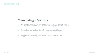 © 2016 @RossKukulinski
Kubernetes 101
19
Terminology - Services
• An abstraction which defines a logical set of Pods
• Provides a mechanism for accessing them
• 3 types: ClusterIP, NodePort, LoadBalancer
 
