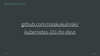 © 2016 @RossKukulinski22
Workshop Resources
github.com/rosskukulinski/
kubernetes-101-for-devs
 