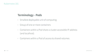 © 2016 @RossKukulinski
Kubernetes 101
16
Terminology - Pods
• Smallest deployable unit of computing
• Group of one or more...