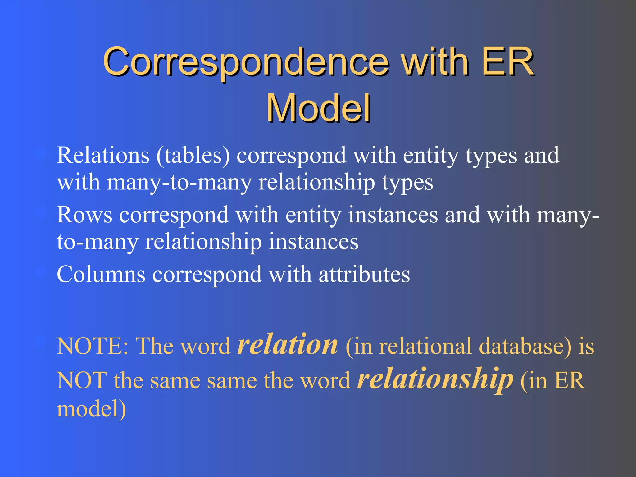 Correspondence with ER Model Relations (tables) correspond with entity types and with many-to-many relationship types Rows correspond with entity instances and with many-to-many relationship instances Columns correspond with attributes NOTE: The word  relation  (in relational database) is NOT the same same the word  relationship  (in ER model) 