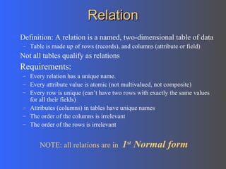 Relation Definition: A relation is a named, two-dimensional table of data Table is made up of rows (records), and columns (attribute or field) Not all tables qualify as relations Requirements: Every relation has a unique name. Every attribute value is atomic (not multivalued, not composite) Every row is unique (can’t have two rows with exactly the same values for all their fields) Attributes (columns) in tables have unique names The order of the columns is irrelevant The order of the rows is irrelevant NOTE: all relations are in  1 st  Normal form 