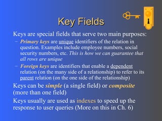 Key Fields Keys are special fields that serve two main purposes: Primary keys  are  unique  identifiers of the relation in question. Examples include employee numbers, social security numbers, etc.  This is how we can guarantee that all rows are unique Foreign keys  are identifiers that enable a  dependent  relation (on the many side of a relationship) to refer to its  parent  relation (on the one side of the relationship) Keys can be  simple  (a single field) or  composite  (more than one field) Keys usually are used as  indexes  to speed up the response to user queries (More on this in Ch. 6) 