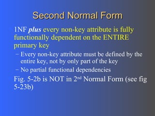 Second Normal Form 1NF  plus   every non-key attribute is fully functionally dependent on the ENTIRE primary key Every non-key attribute must be defined by the entire key, not by only part of the key No partial functional dependencies Fig. 5-2b is NOT in 2 nd  Normal Form (see fig 5-23b) 