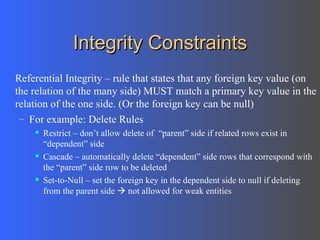 Integrity Constraints Referential Integrity – rule that states that any foreign key value (on the relation of the many side) MUST match a primary key value in the relation of the one side. (Or the foreign key can be null)  For example: Delete Rules Restrict – don’t allow delete of  “parent” side if related rows exist in “dependent” side Cascade – automatically delete “dependent” side rows that correspond with the “parent” side row to be deleted Set-to-Null – set the foreign key in the dependent side to null if deleting from the parent side    not allowed for weak entities 