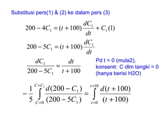 Substitusi pers(1) & (2) ke dalam pers (3) Pd t = 0 (mula2), konsentr. C dlm tangki = 0 (hanya berisi H2O) 