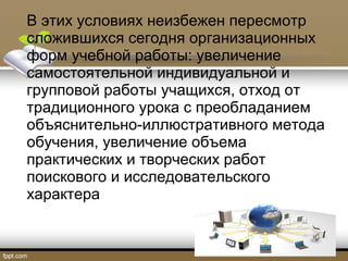 В этих условиях неизбежен пересмотр
сложившихся сегодня организационных
форм учебной работы: увеличение
самостоятельной индивидуальной и
групповой работы учащихся, отход от
традиционного урока с преобладанием
объяснительно-иллюстративного метода
обучения, увеличение объема
практических и творческих работ
поискового и исследовательского
характера
 