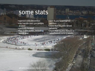 some stats
• opened early December                     • over 8,500 have signed
• can handle over 500 people                  petition
  at once                                   • more than $3,000 raised
• centrally located                           privately
• free to the public, including             • more than 15,000 visitors to
  rental gear                                 savetheoval.ca in <3 weeks




 jeff white | kula partners | #podcamphfx 2011
 