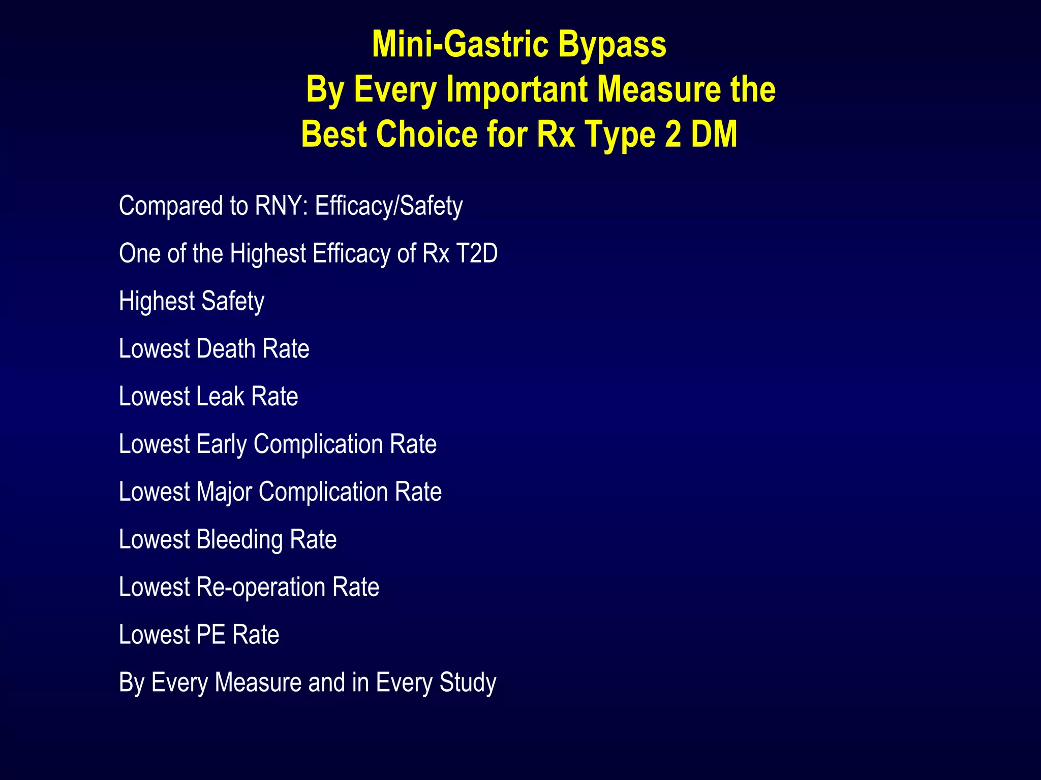 Mini-Gastric Bypass
By Every Important Measure the
Best Choice for Rx Type 2 DM
Compared to RNY: Efficacy/Safety
One of the Highest Efficacy of Rx T2D
Highest Safety
Lowest Death Rate
Lowest Leak Rate
Lowest Early Complication Rate
Lowest Major Complication Rate
Lowest Bleeding Rate
Lowest Re-operation Rate
Lowest PE Rate
By Every Measure and in Every Study
 