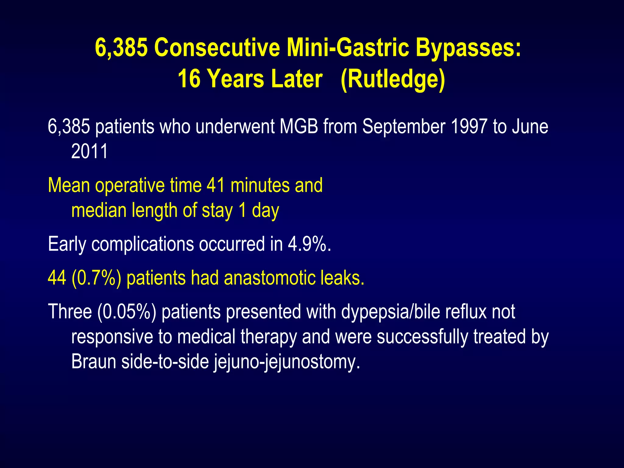 6,385 Consecutive Mini-Gastric Bypasses:
16 Years Later (Rutledge)
6,385 patients who underwent MGB from September 1997 to June
2011
Mean operative time 41 minutes and
median length of stay 1 day
Early complications occurred in 4.9%.
44 (0.7%) patients had anastomotic leaks.
Three (0.05%) patients presented with dypepsia/bile reflux not
responsive to medical therapy and were successfully treated by
Braun side-to-side jejuno-jejunostomy.
 