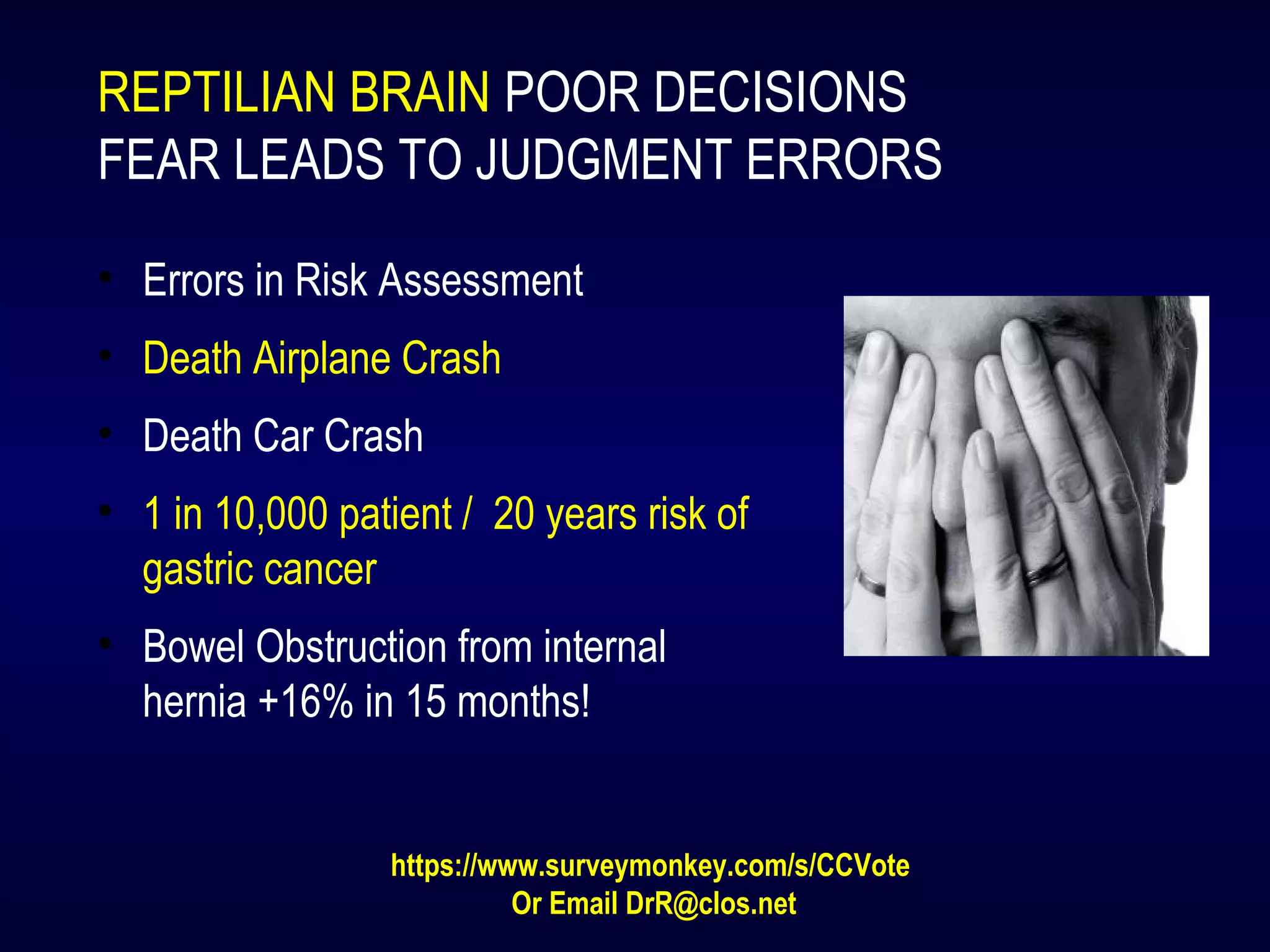 REPTILIAN BRAIN POOR DECISIONS
FEAR LEADS TO JUDGMENT ERRORS
• Errors in Risk Assessment
• Death Airplane Crash
• Death Car Crash
• 1 in 10,000 patient / 20 years risk of
gastric cancer
• Bowel Obstruction from internal
hernia +16% in 15 months!
https://www.surveymonkey.com/s/CCVote
Or Email DrR@clos.net
 