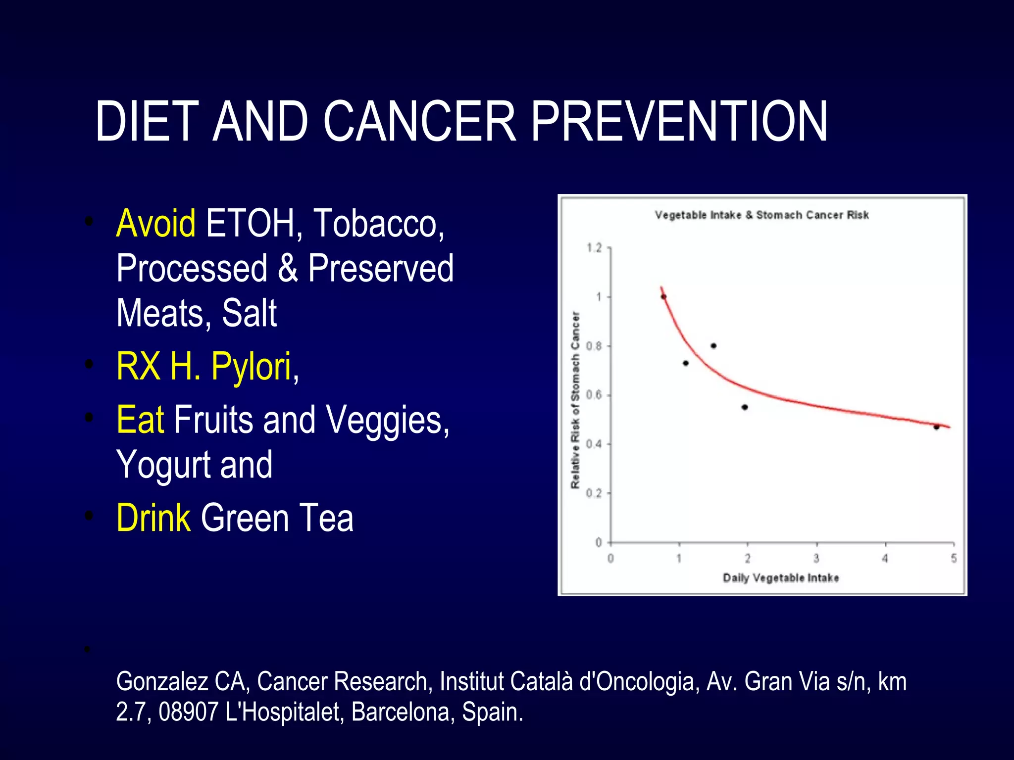 DIET AND CANCER PREVENTION
• Avoid ETOH, Tobacco,
Processed & Preserved
Meats, Salt
• RX H. Pylori,
• Eat Fruits and Veggies,
Yogurt and
• Drink Green Tea
•
Gonzalez CA, Cancer Research, Institut Català d'Oncologia, Av. Gran Via s/n, km
2.7, 08907 L'Hospitalet, Barcelona, Spain.
 
