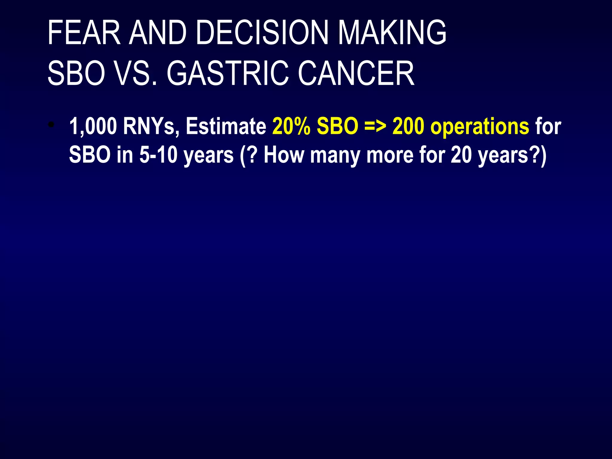 FEAR AND DECISION MAKING
SBO VS. GASTRIC CANCER
• 1,000 RNYs, Estimate 20% SBO => 200 operations for
SBO in 5-10 years (? How many more for 20 years?)
 