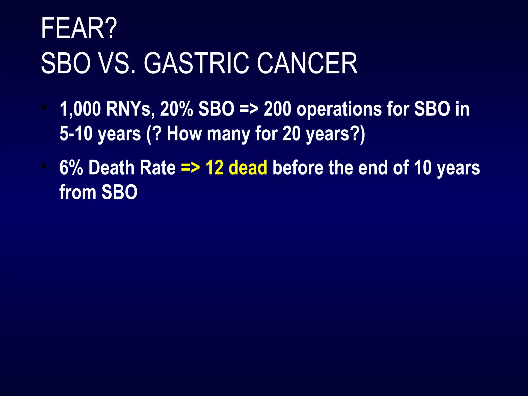 FEAR?
SBO VS. GASTRIC CANCER
• 1,000 RNYs, 20% SBO => 200 operations for SBO in
5-10 years (? How many for 20 years?)
• 6% Death Rate => 12 dead before the end of 10 years
from SBO
 