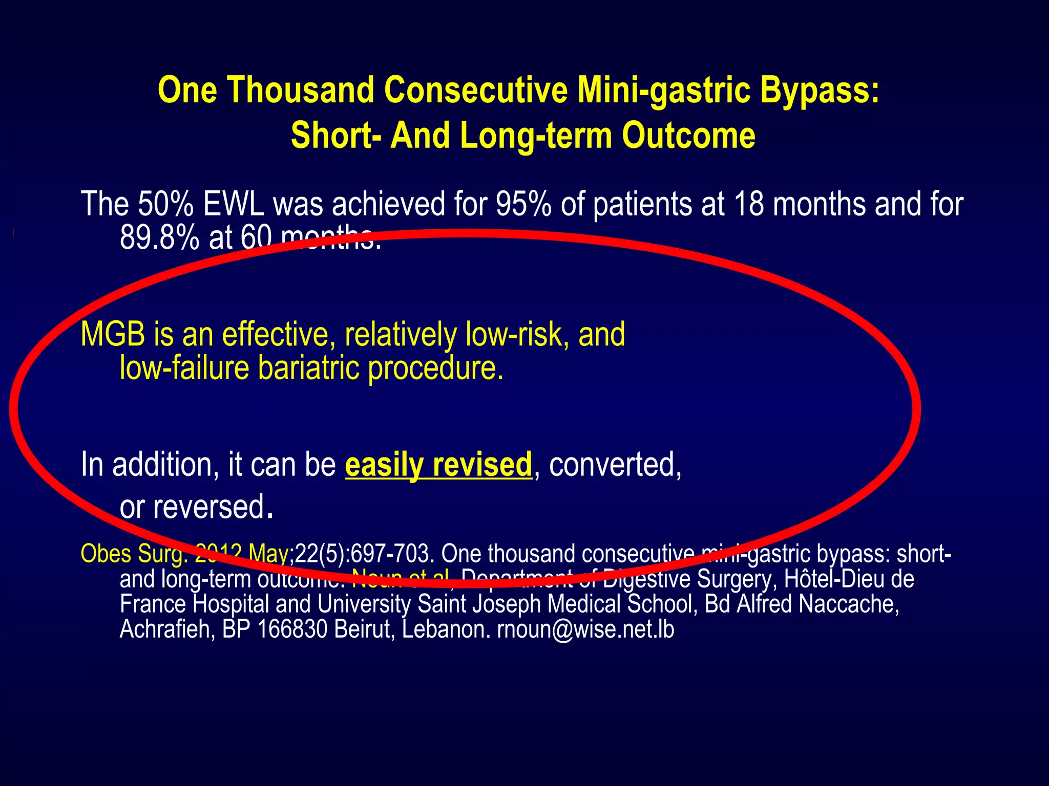 One Thousand Consecutive Mini-gastric Bypass:
Short- And Long-term Outcome
The 50% EWL was achieved for 95% of patients at 18 months and for
89.8% at 60 months.
MGB is an effective, relatively low-risk, and
low-failure bariatric procedure.
In addition, it can be easily revised, converted,
or reversed.
Obes Surg. 2012 May;22(5):697-703. One thousand consecutive mini-gastric bypass: short-
and long-term outcome. Noun et al, Department of Digestive Surgery, Hôtel-Dieu de
France Hospital and University Saint Joseph Medical School, Bd Alfred Naccache,
Achrafieh, BP 166830 Beirut, Lebanon. rnoun@wise.net.lb
 