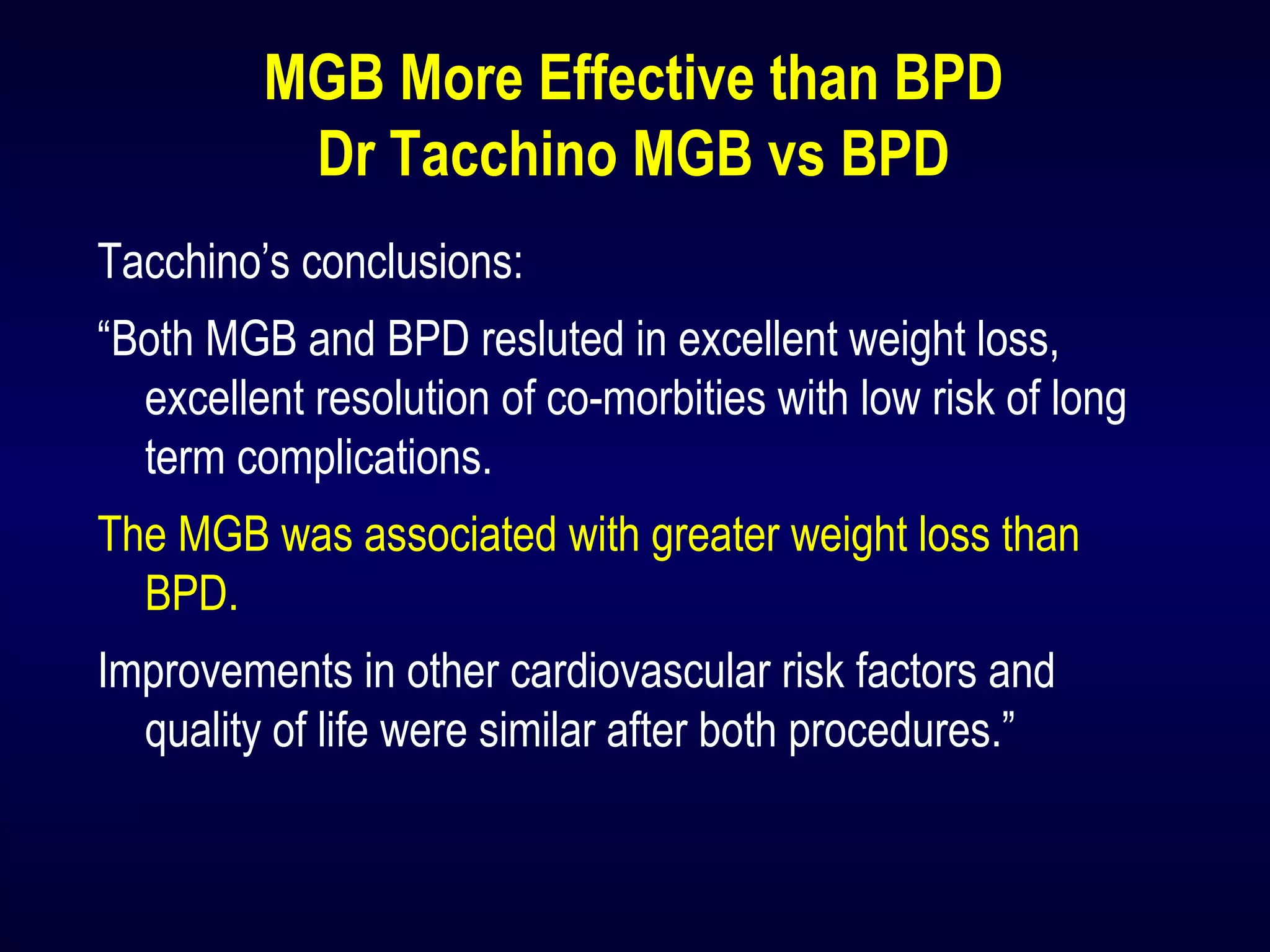 MGB More Effective than BPD
Dr Tacchino MGB vs BPD
Tacchino’s conclusions:
“Both MGB and BPD resluted in excellent weight loss,
excellent resolution of co-morbities with low risk of long
term complications.
The MGB was associated with greater weight loss than
BPD.
Improvements in other cardiovascular risk factors and
quality of life were similar after both procedures.”
 