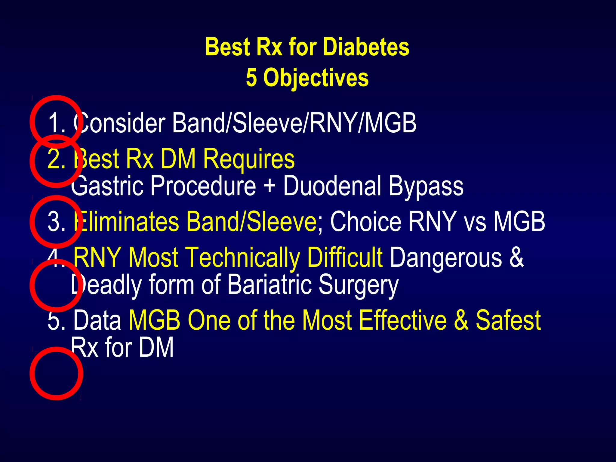 Best Rx for Diabetes
5 Objectives
1. Consider Band/Sleeve/RNY/MGB
2. Best Rx DM Requires
Gastric Procedure + Duodenal Bypass
3. Eliminates Band/Sleeve; Choice RNY vs MGB
4. RNY Most Technically Difficult Dangerous &
Deadly form of Bariatric Surgery
5. Data MGB One of the Most Effective & Safest
Rx for DM
 