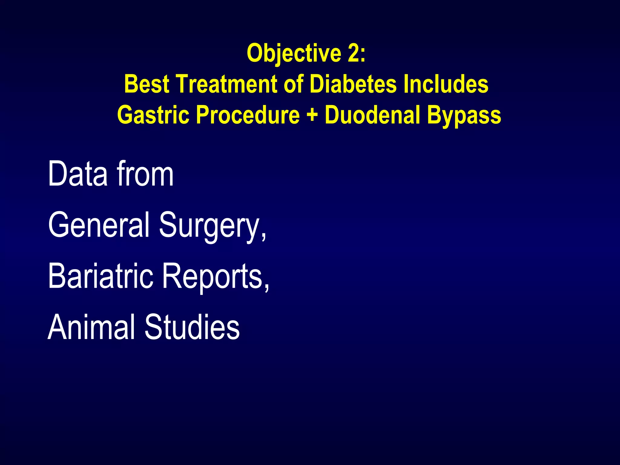 Objective 2:
Best Treatment of Diabetes Includes
Gastric Procedure + Duodenal Bypass
Data from
General Surgery,
Bariatric Reports,
Animal Studies
 