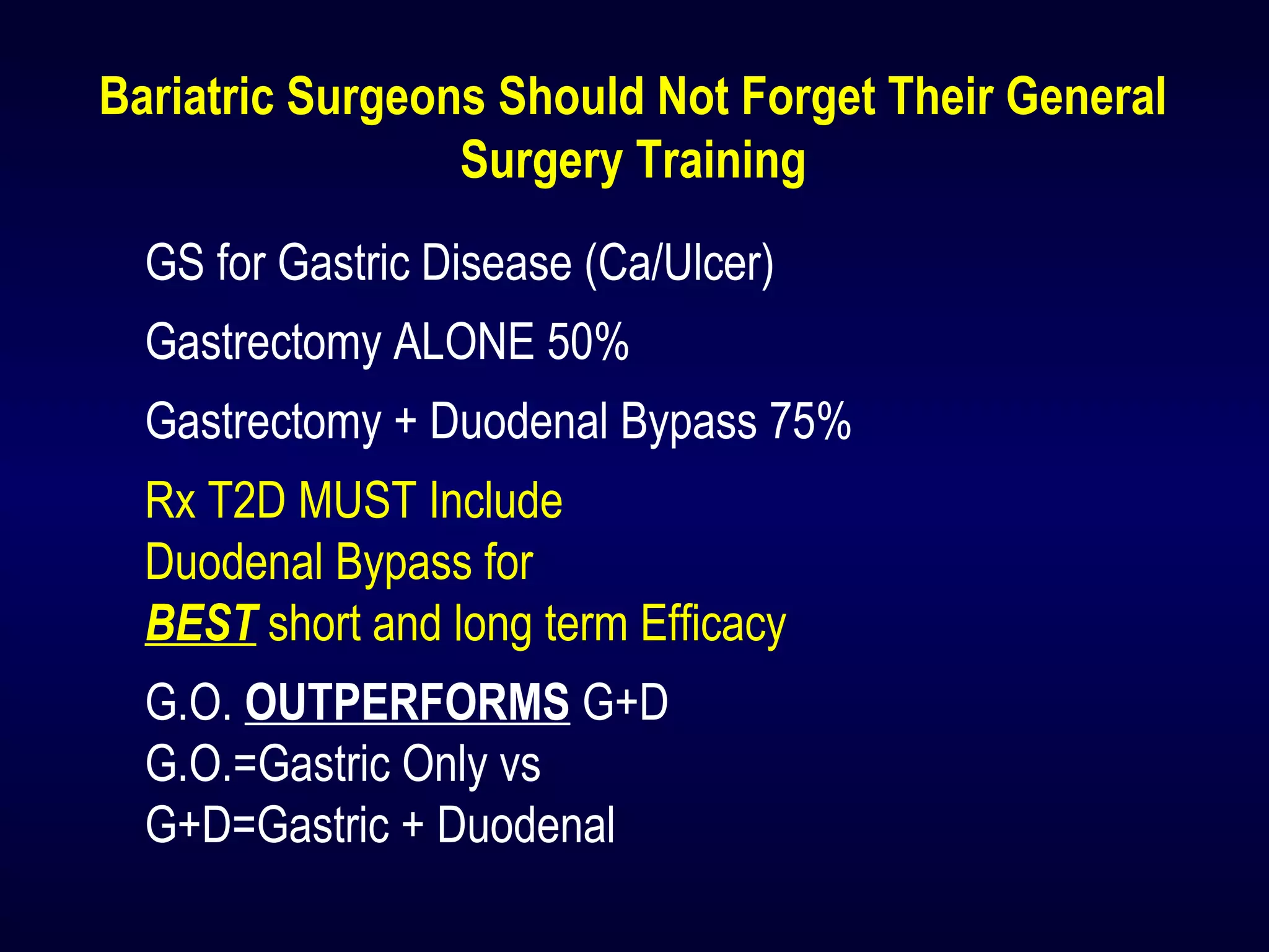 Bariatric Surgeons Should Not Forget Their General
Surgery Training
GS for Gastric Disease (Ca/Ulcer)
Gastrectomy ALONE 50%
Gastrectomy + Duodenal Bypass 75%
Rx T2D MUST Include
Duodenal Bypass for
BEST short and long term Efficacy
G.O. OUTPERFORMS G+D
G.O.=Gastric Only vs
G+D=Gastric + Duodenal
 