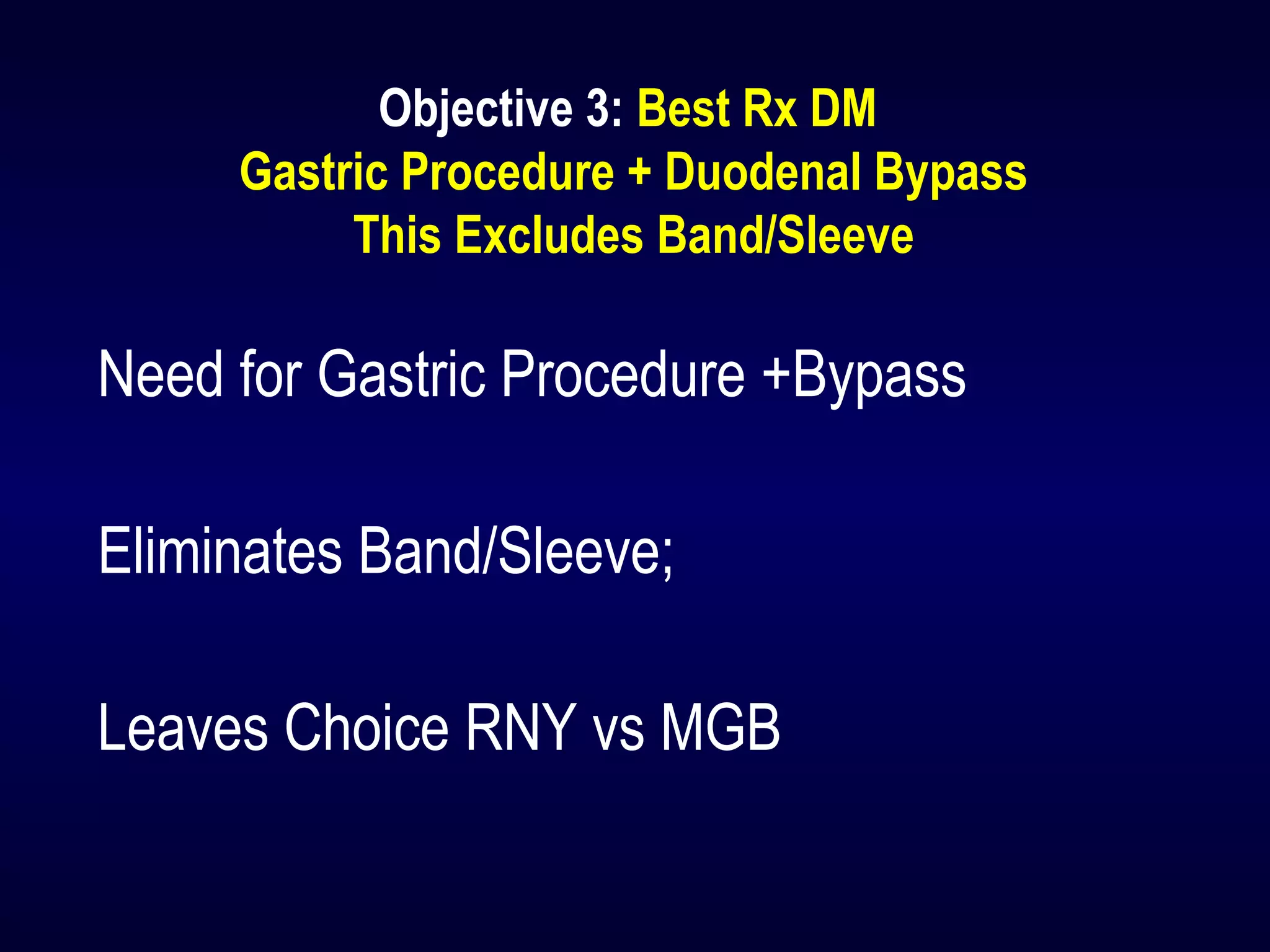 Objective 3: Best Rx DM
Gastric Procedure + Duodenal Bypass
This Excludes Band/Sleeve
Need for Gastric Procedure +Bypass
Eliminates Band/Sleeve;
Leaves Choice RNY vs MGB
 