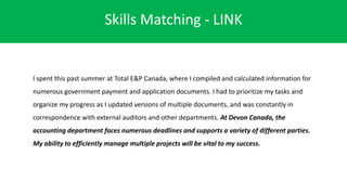 Skills Matching - LINK
I spent this past summer at Total E&P Canada, where I compiled and calculated information for
numerous government payment and application documents. I had to prioritize my tasks and
organize my progress as I updated versions of multiple documents, and was constantly in
correspondence with external auditors and other departments. At Devon Canada, the
accounting department faces numerous deadlines and supports a variety of different parties.
My ability to efficiently manage multiple projects will be vital to my success.
 