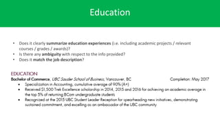 Education
• Does it clearly summarize education experiences (i.e. including academic projects / relevant
courses / grades / awards)?
• Is there any ambiguity with respect to the info provided?
• Does it match the job description?
 