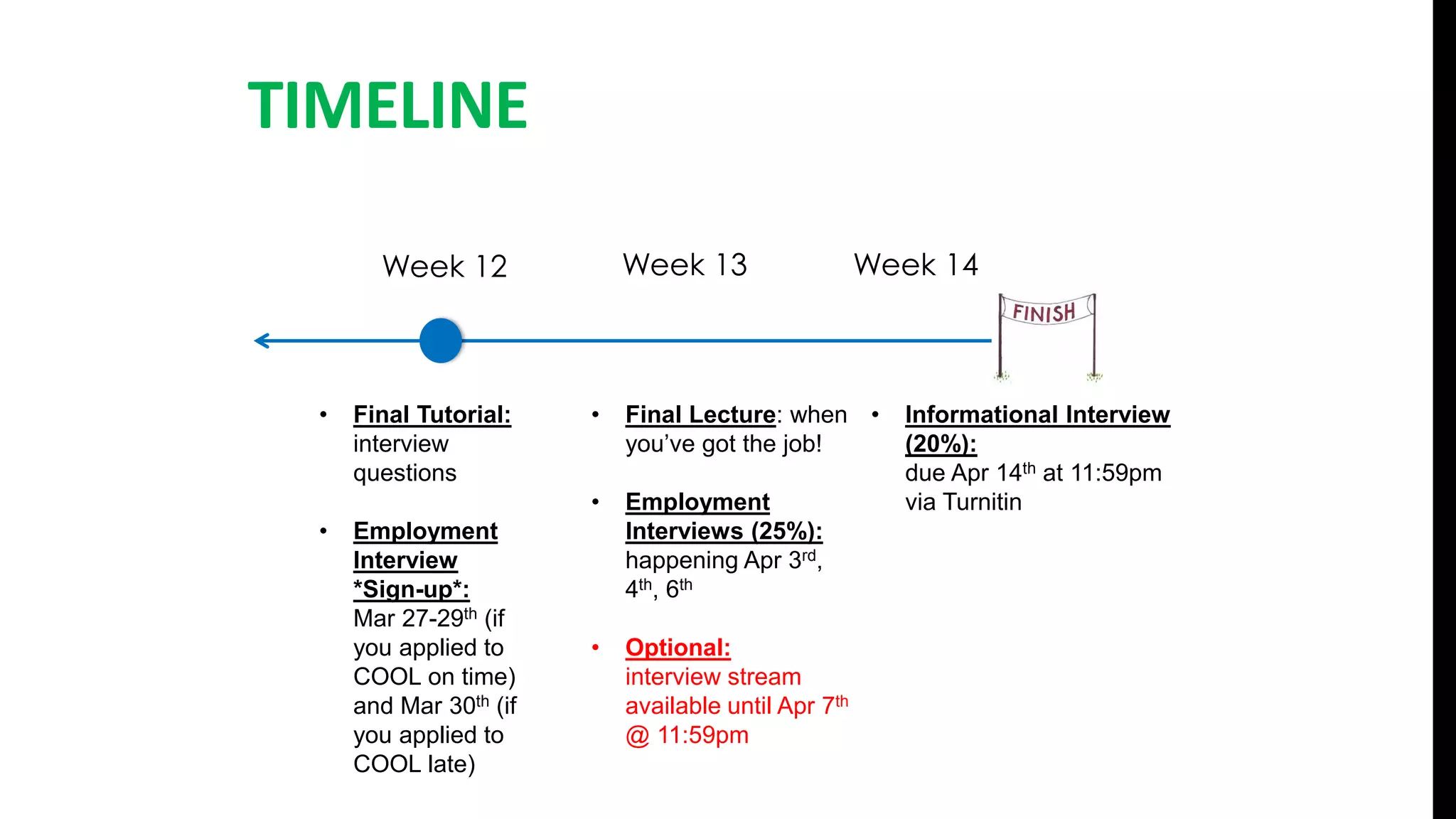 TIMELINE
Week 12 Week 13
• Informational Interview
(20%):
due Apr 14th at 11:59pm
via Turnitin
• Final Tutorial:
interview
questions
• Employment
Interview
*Sign-up*:
Mar 27-29th (if
you applied to
COOL on time)
and Mar 30th (if
you applied to
COOL late)
• Final Lecture: when
you’ve got the job!
• Employment
Interviews (25%):
happening Apr 3rd,
4th, 6th
• Optional:
interview stream
available until Apr 7th
@ 11:59pm
Week 14
 
