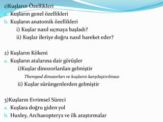 1)Kuşların Özellikleri
a. Kuşların genel özellikleri
b. Kuşların anatomik özellikleri
i) Kuşlar nasıl uçmaya başladı?
ii) Kuşlar ileriye doğru nasıl hareket eder?
2) Kuşların Kökeni
a. Kuşların atalarına dair görüşler
i)Kuşlar dinozorlardan gelmiştir
Theropod dinozorları ve kuşların karşılaştırılması
ii) Kuşlar sürüngenlerden gelmiştir
3)Kuşların Evrimsel Süreci
a. Kuşlara doğru giden yol
b. Huxley, Archaeopteryx ve ilk araştırmalar
 