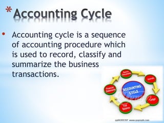 • Accounting cycle is a sequence
of accounting procedure which
is used to record, classify and
summarize the business
transactions.
*
 