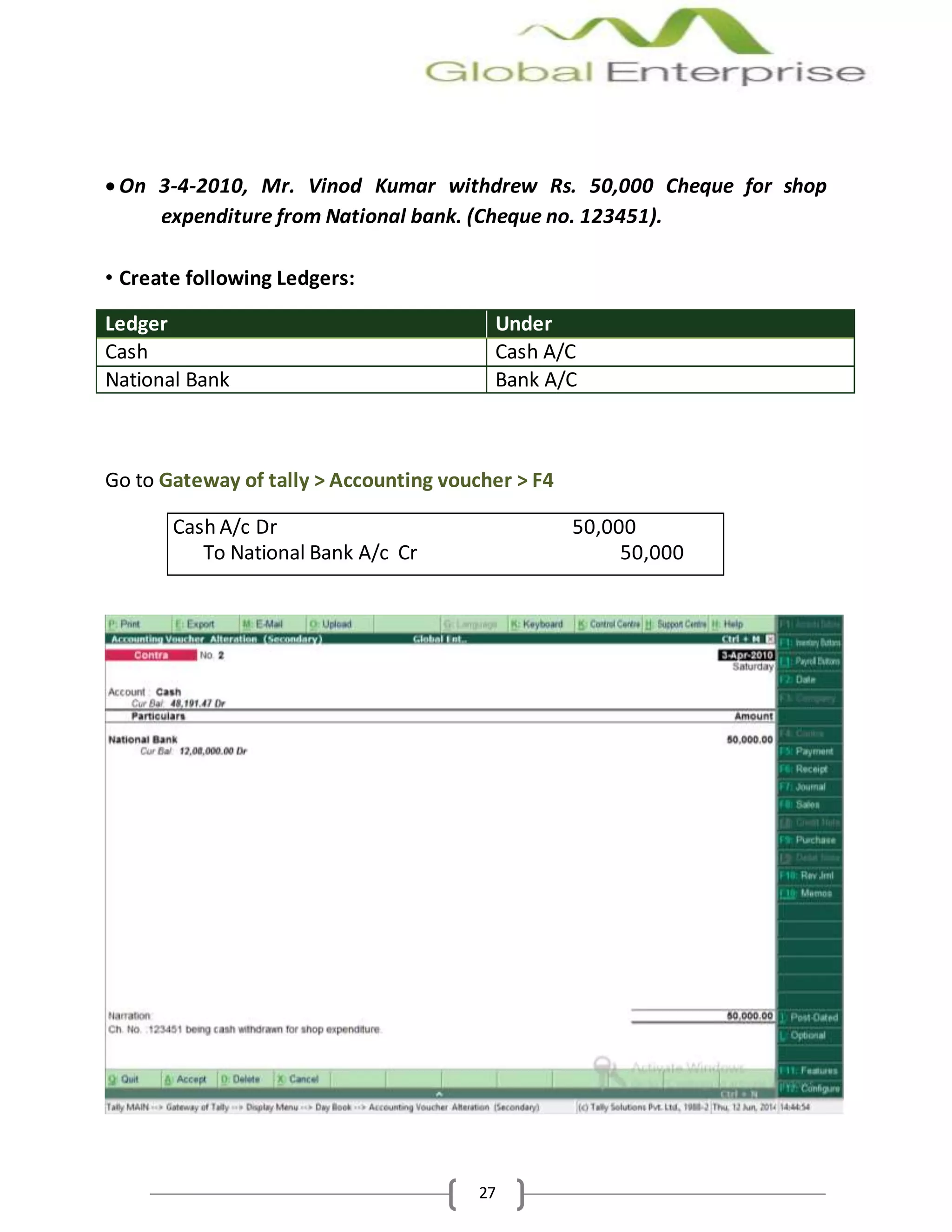 27
 On 3-4-2010, Mr. Vinod Kumar withdrew Rs. 50,000 Cheque for shop
expenditure from National bank. (Cheque no. 123451).
• Create following Ledgers:
Ledger Under
Cash Cash A/C
National Bank Bank A/C
Go to Gateway of tally > Accounting voucher > F4
Cash A/c Dr 50,000
To National Bank A/c Cr 50,000
 