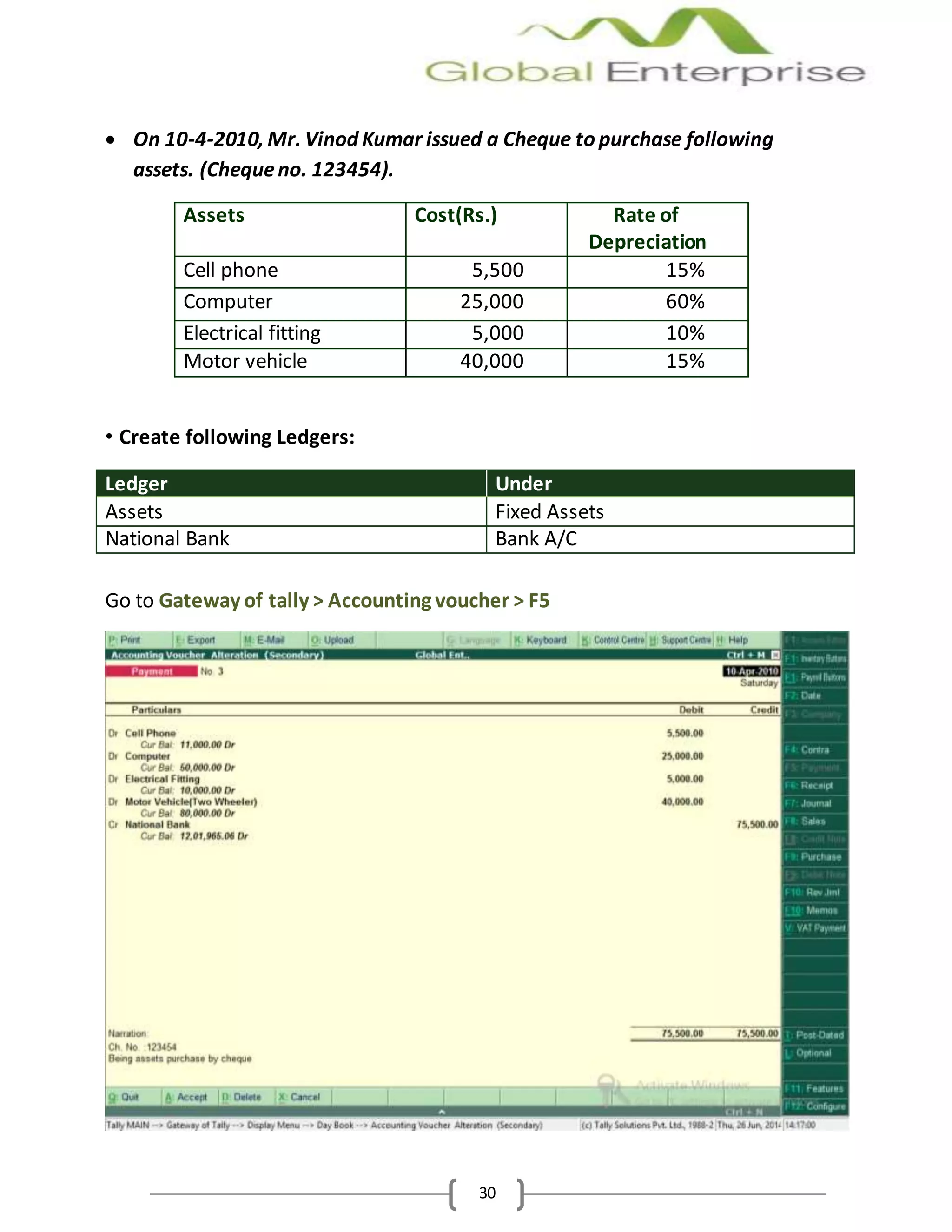 30
 On 10-4-2010, Mr. Vinod Kumar issued a Cheque to purchase following
assets. (Chequeno. 123454).
Assets Cost(Rs.) Rate of
Depreciation
Cell phone 5,500 15%
Computer 25,000 60%
Electrical fitting 5,000 10%
Motor vehicle 40,000 15%
• Create following Ledgers:
Ledger Under
Assets Fixed Assets
National Bank Bank A/C
Go to Gateway of tally > Accounting voucher > F5
 